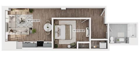 A floor plan of a small apartment with a living room, kitchen, and bathroom.
